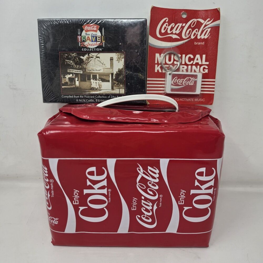 Vintage Coke Collectibles 6 Pack Cooler Bag Musical Key Ring 8 Cards Envelopes